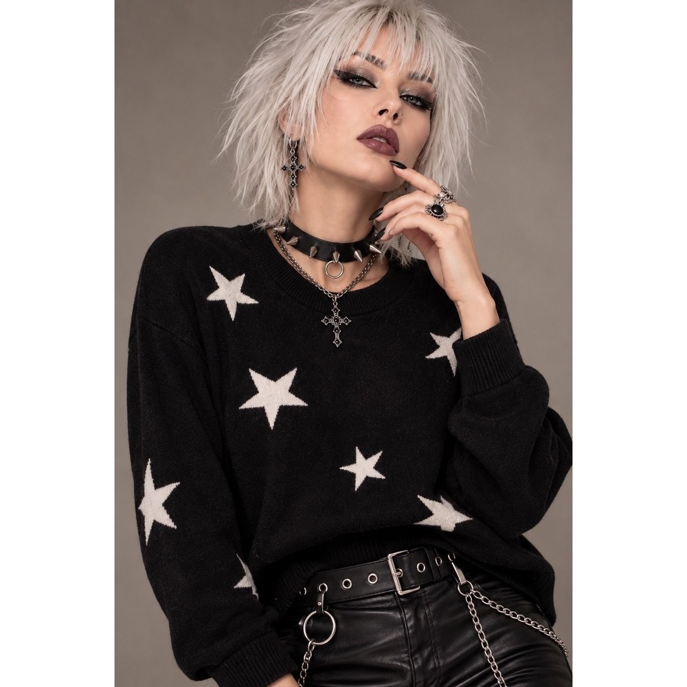 Rachel Zoe Womens Star Print Crewneck Knit Sweater Black White Medium M